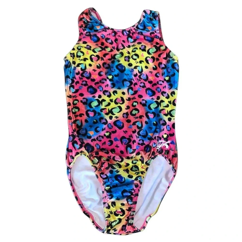 GK Elite Leotard Kids CL Multicolor Leopard Heart Foil Gym Lisa Frank  80s Funky